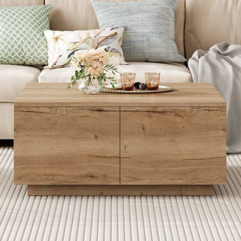 Square Coffee Table Modern Center Table with 4 Drawers, Cocktail Table Natural End Table for Living Room