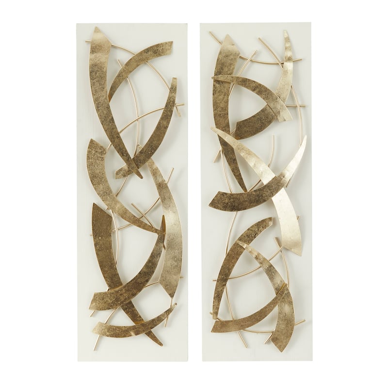 Metal Abstract Dimensional Wall Decor with Black or White Wood Backing - Set of 2 Gold - Roche River Decor - Gold - 12"W, 37"H