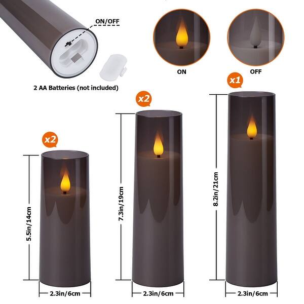 dimension image slide 1 of 3, Flickering Flameless Candles Acrylic Shell Pillar 3D Wick LED Candles with Timer for Wedding Christmas Home Decor Set of 5