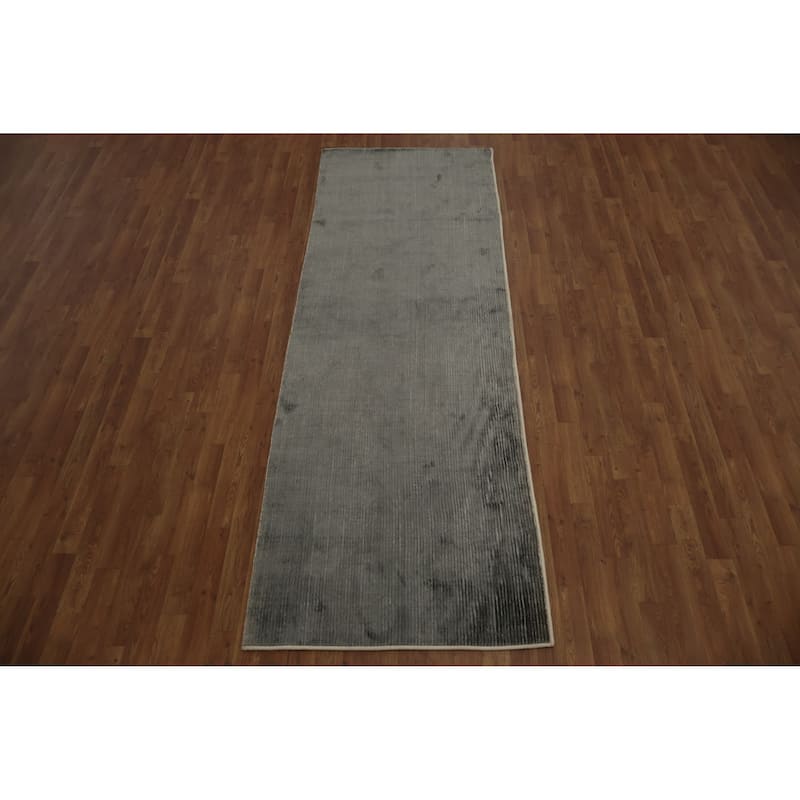 Hand Knotted Oriental Silk Carpet Modern Contemporary Greys & Charcoal Contemporary Runner Rug - 9' 0'' X 3' 1''