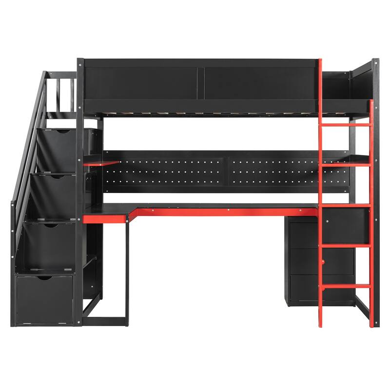 Gaming Loft Bed with Recessed Table Cabinet Pegboard Storage Stairs