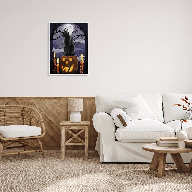 Stupell Full Moon Halloween Night Spooky Black Cat Jack-o'-lantern Framed Wall Art - Orange