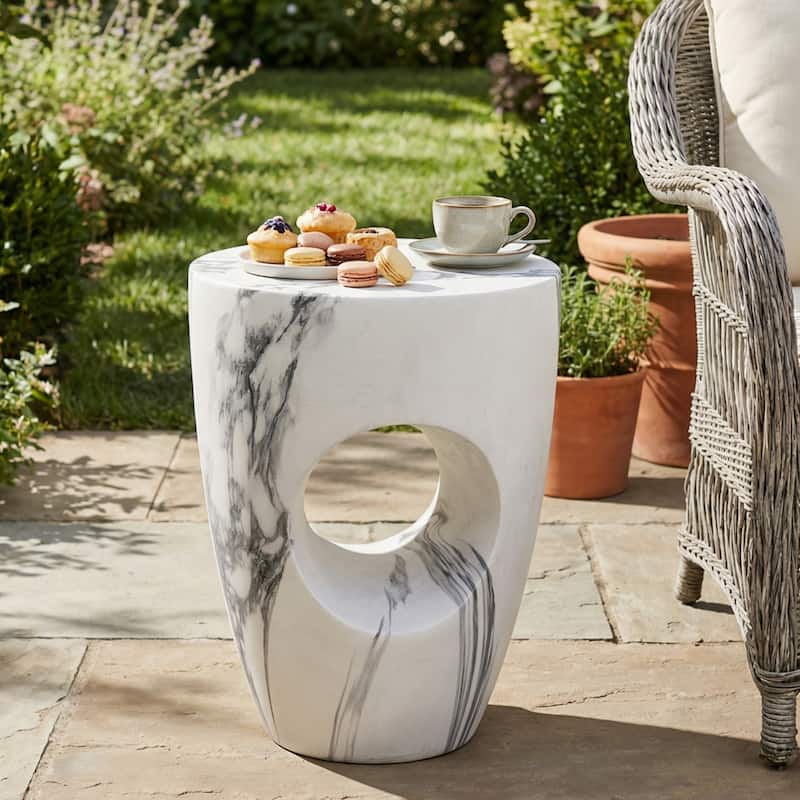 Christopher Knight Home - Modern Indoor/Outdoor 19.29"H MgO Accent Side End Table with Sculptural Cutout & Marble Finish - White Faux Marble