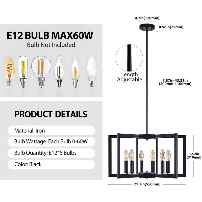 21" Modern Black Geometric 6-Light Chandelier-Industrial Metal Pendant Light Fixture