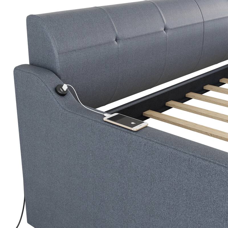 Multifunctional Twin/Full Upholstered Daybed with Pull-Out Trundle and USB Port - Ideal for Families and Teens