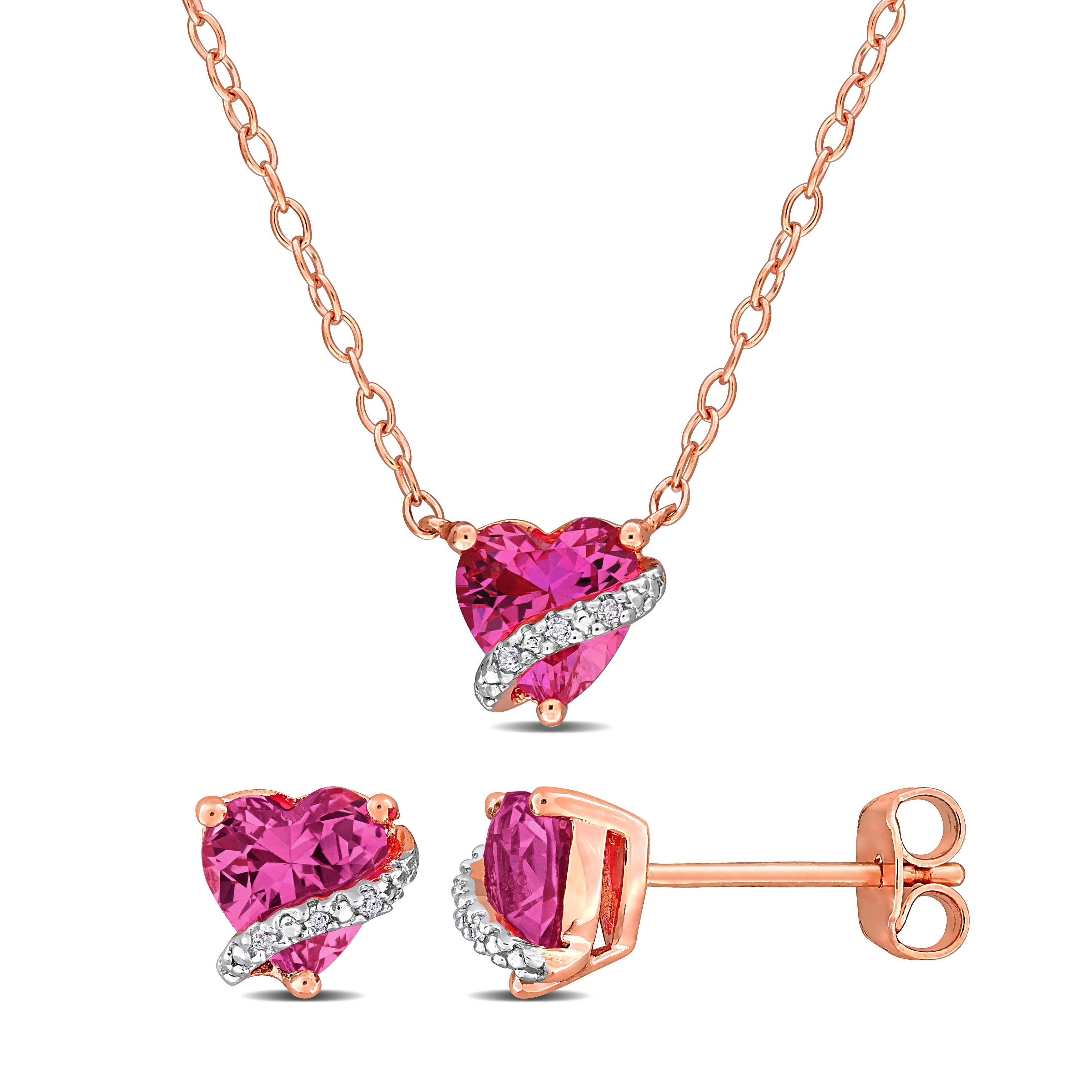 Miadora 2 7/8ct TGW Created Pink Sapphire & Diamond Accent Heart Earrings & Necklace Set Rose Silver
