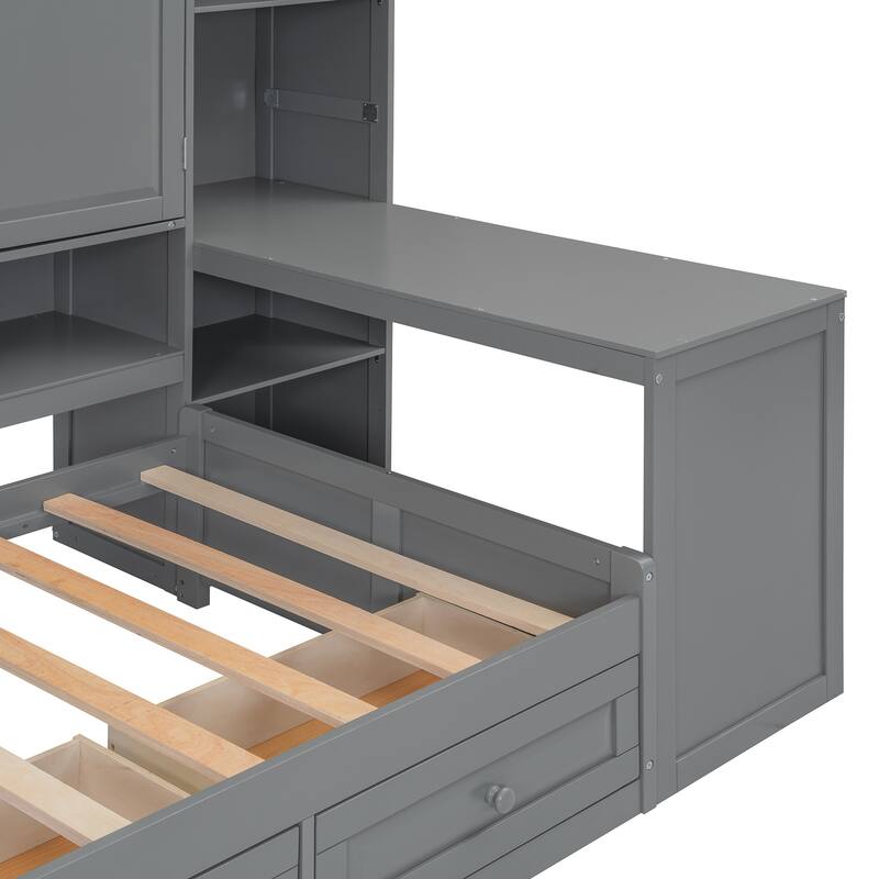 Versatile Twin Size Daybed with Desk & All-in-One Cabinet, Space-Saving Wooden Storage Platform Frame with 3 Drawers and Shelves
