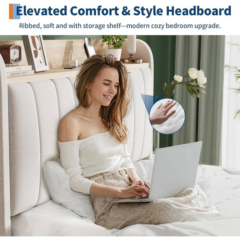 Upholstered Platform Beds with Drawers, Storage Headboard, Charging Station, Beige
