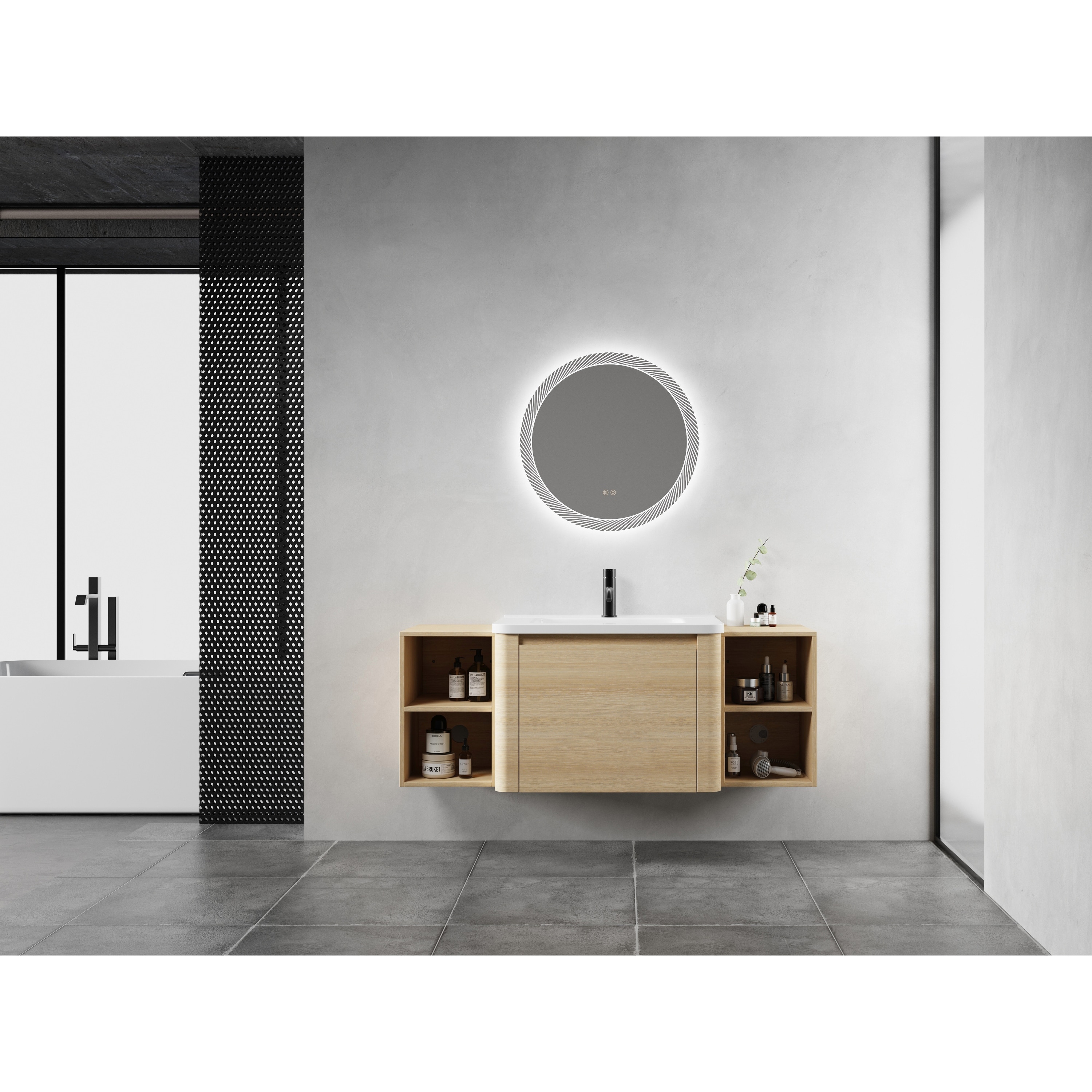 52-Inch Wall-Mounted Bathroom Vanity With White Ceramic Sink And Storage Shelves