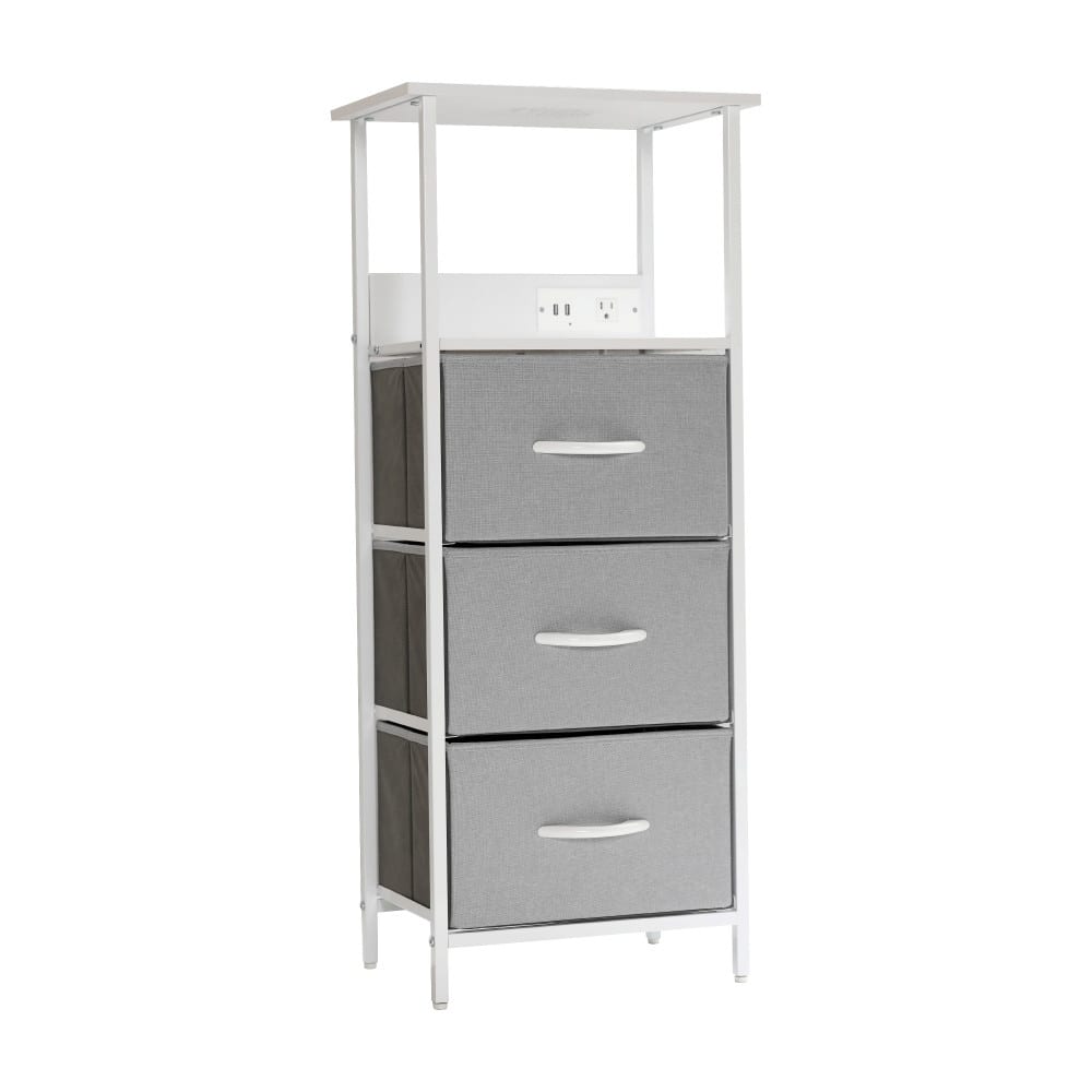3 Fabric Drawer Nightstand with 2 USB Port/1 Outlet Charging Station