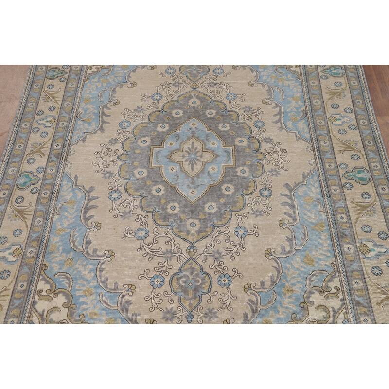 Beige Geometric Tabriz Persian Vintage Rug Hand-Knotted Wool Carpet - 6'3" x 9'1"