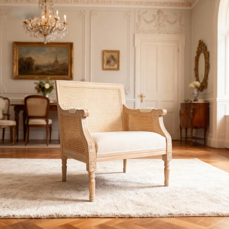 GDFStudio - Classic French Traditional Cotton Linen Upholstered Accent Armchair with Rattan Backrest & Contoured Armrests - Beige