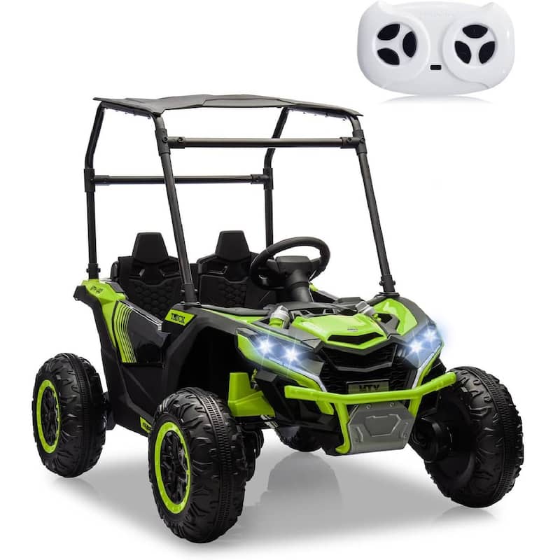 2 Seater Kids Ride on Car Off-Road UTV Toy with Sun Shade, Black - Green