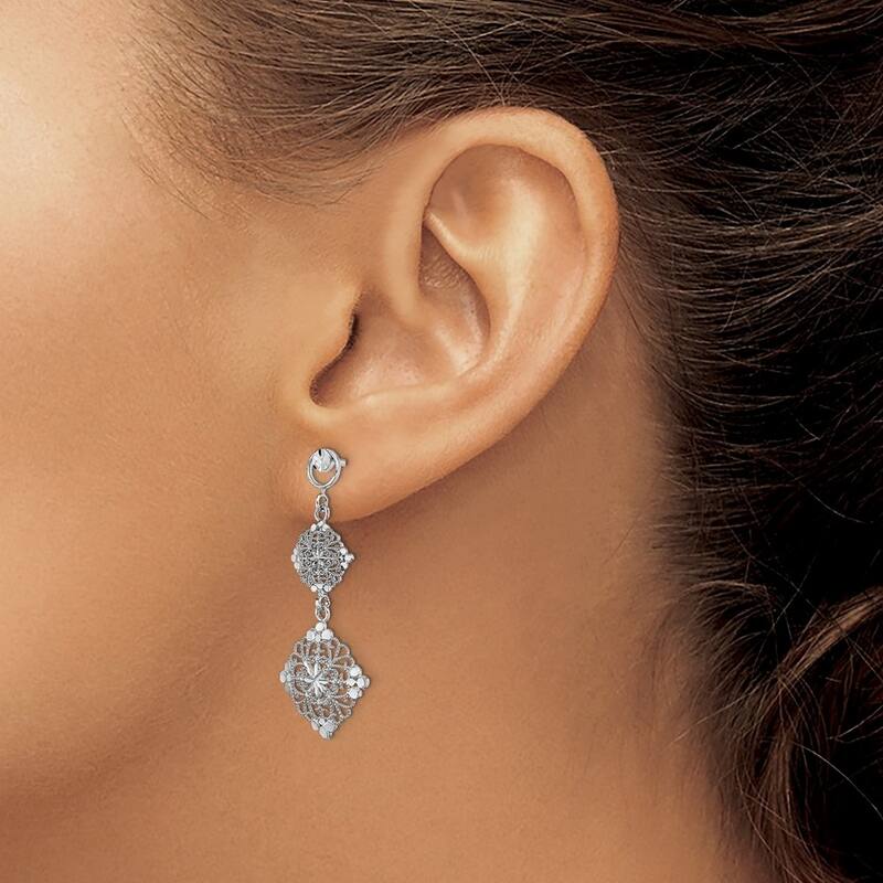 Curata 14k White Gold Filigree Medallion Dangle Earrings - 15x38mm