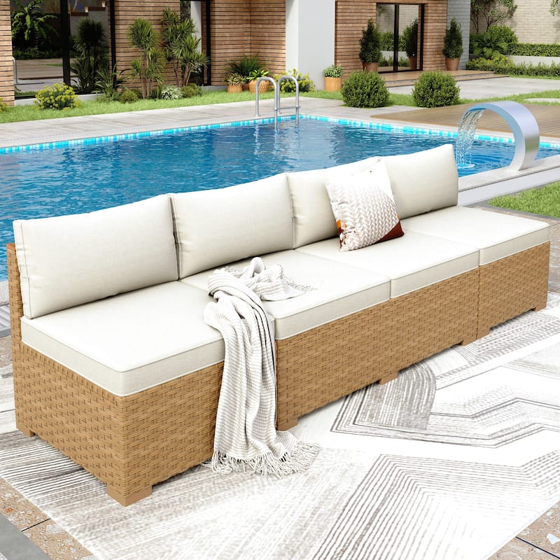 MAISON ARTS Outdoor Sofa Set，All-Weather Solid Wood Wicker Sectional Furniture Set with Dust Cover Included - 4-Seat