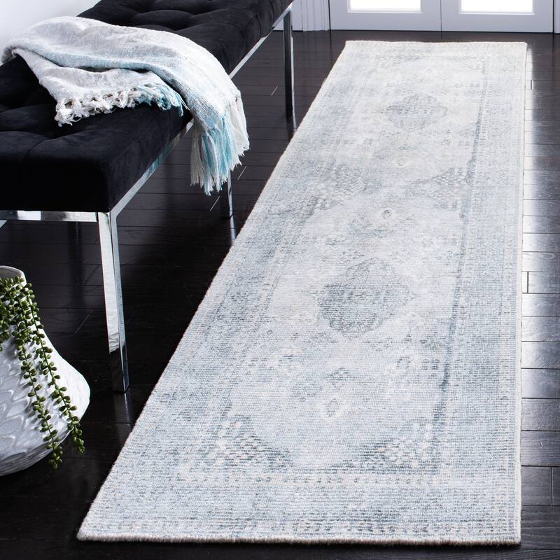 SAFAVIEH Handmade Restoration Vintage Zaria Wool & Viscose Rug - 2'3" x 9' Runner - Grey/Light Blue