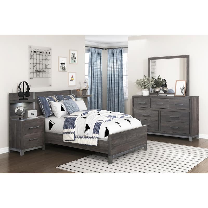 Twin Size Wood Panel Bed with Antique Silver Accents