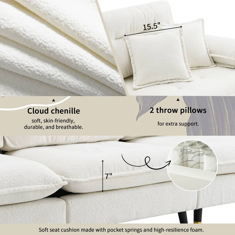 White 106" L-Shaped 4-Seater Convertible Sectional Sofa with Adjustable Two-Tone Legs and Movable Ottoman in Luxurious Fabric