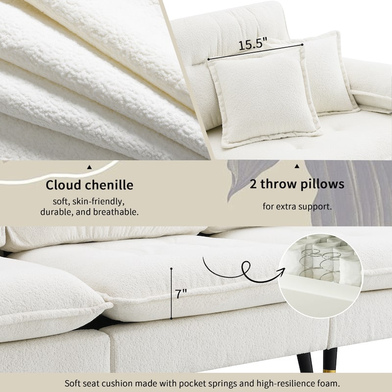 White 106'' L-Shaped 4 Seater Convertible Sectional Sofa with Adjustable Two-Tone Legs, Movable Ottoman