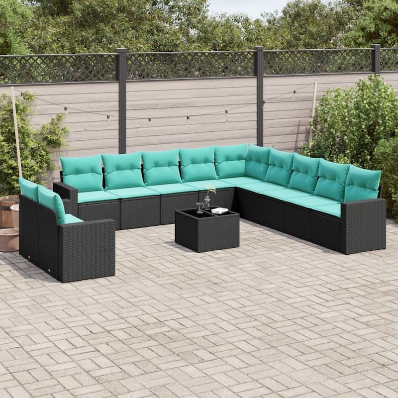 vidaXL 11/12 Piece Patio Sofa Set with Cushions Black Poly Rattan - 24.4" x 24.4" x 27.2" - Black and blue-With table