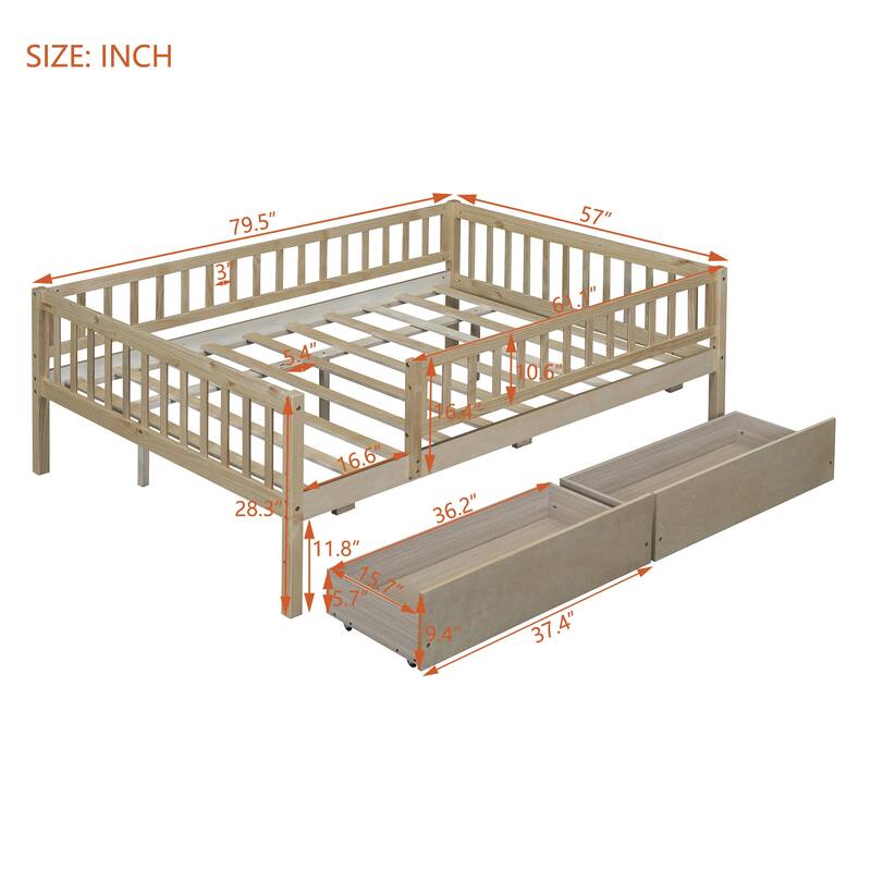 Twin Size Daybed Wood Bed Wood Platform Bed Frame No Box Spring Needed, 2 Extendable Wood Drawers with Trundle for Boys Girls