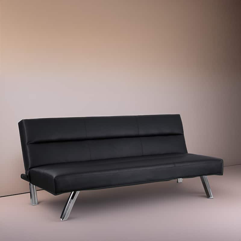 Modern Faux Leather Futon Sofa Bed - Convertible Folding Couch with Chrome Legs, Small Reclining Sofa - Black