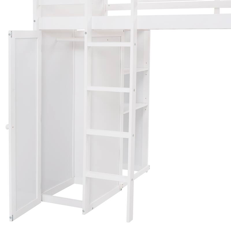 Space-Saving Twin Loft Bed with Desk, Shelves, Wardrobe, and Additional Bed