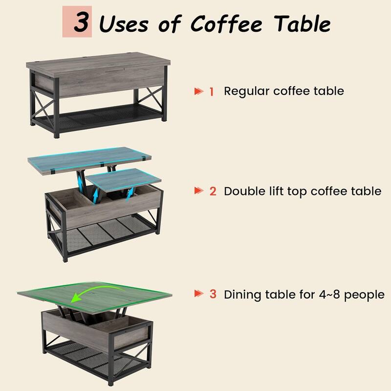 Lift Top Coffee Table Open Storage Shelf & Hidden Classified Storage