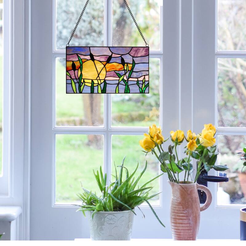 River of Goods Cattails Sunset River of Goods Multicolored Stained Glass Window Panel - 14" x 0.25" x 8.25"
