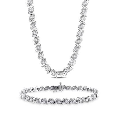 Miadora 1 1/2ct TDW Diamond Tennis Bracelet Necklace Set Sterling Silver