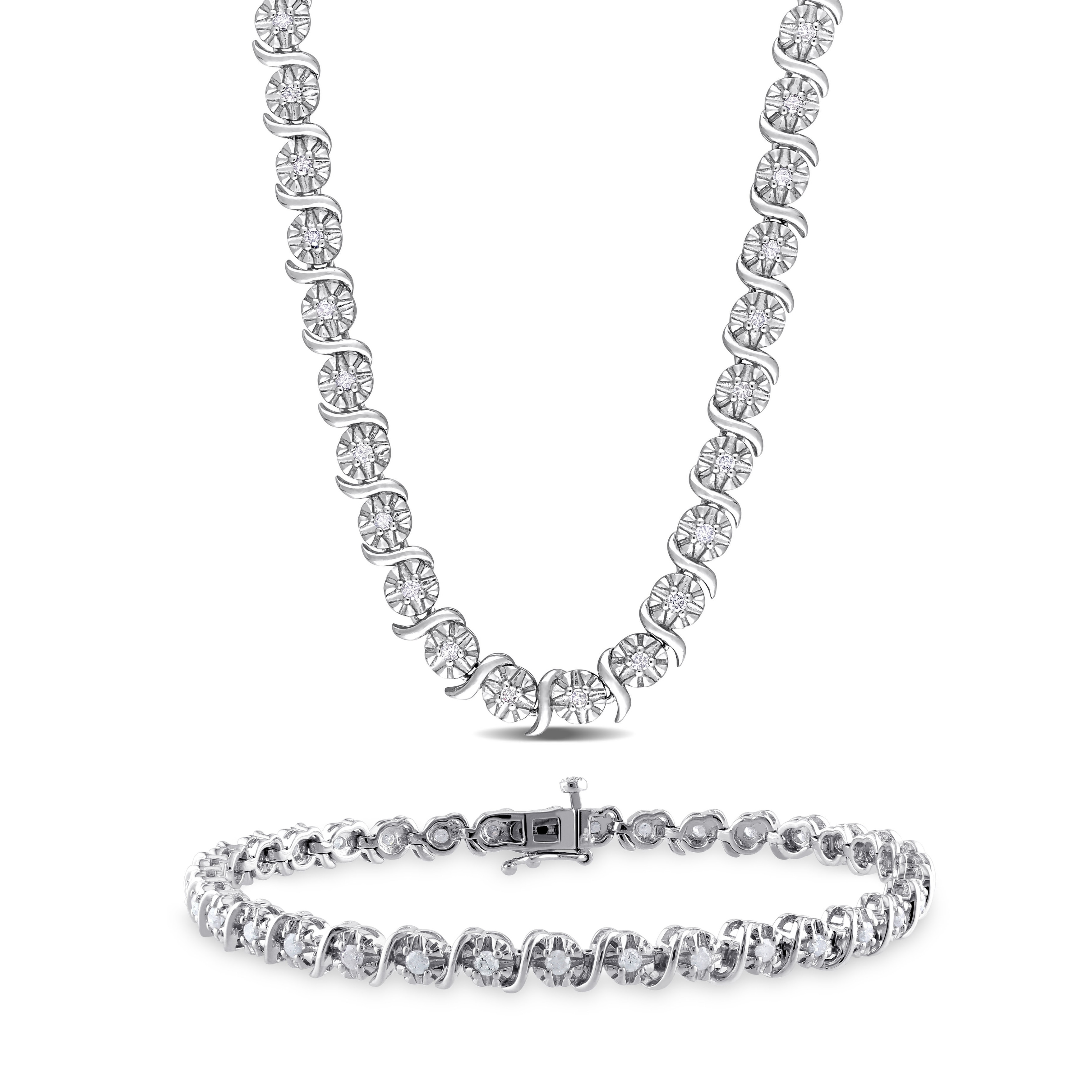 Miadora 1 1/2ct TDW Diamond Tennis Bracelet Necklace Set Sterling Silver