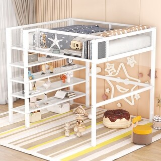 White Metal Loft Bed with 4-Tier Shelves and Storage