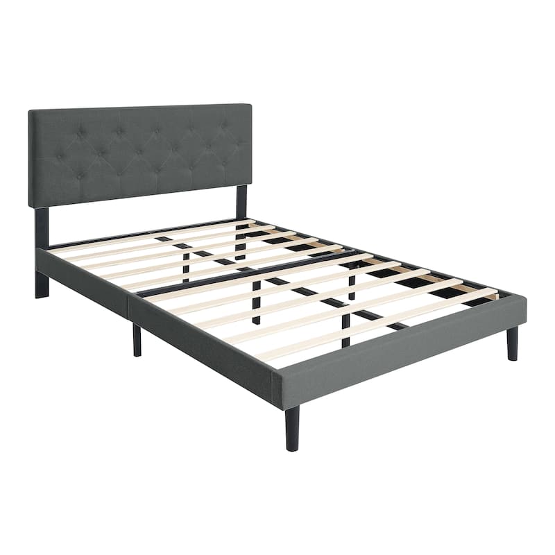 Dark Grey Queen Upholstered Platform Bed Frame with Modern Button Tufted Linen Headboard, No Box Spring Required