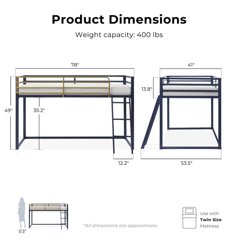 Furniture of America Haven Twin Size Metal Junior Loft Bed with Ladder.