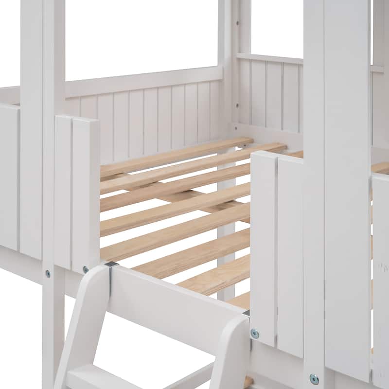Full-Over-Full Wood Bunk Bed with Playhouse Design, Roof, and Safety Features