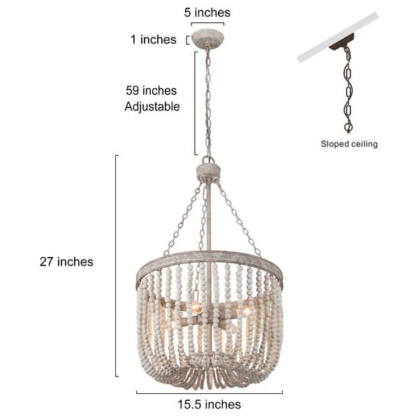 Boho Wood Beads 4-light Chandelier Empire Weathered Coastal Ceiling Light for Dining Room - D15.5"*H87"