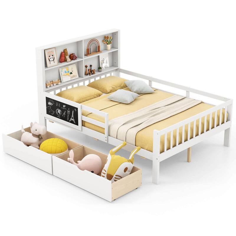 Costway Twin/Full Size Bed Frame with 2 Drawers Bookcase & Blackboard