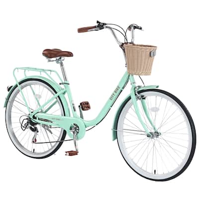 7-Speed City Bike for Women with Basket, 26 Inch Steel Frame, Comfortable Grips, Shimano Shifter, Multiple Colors