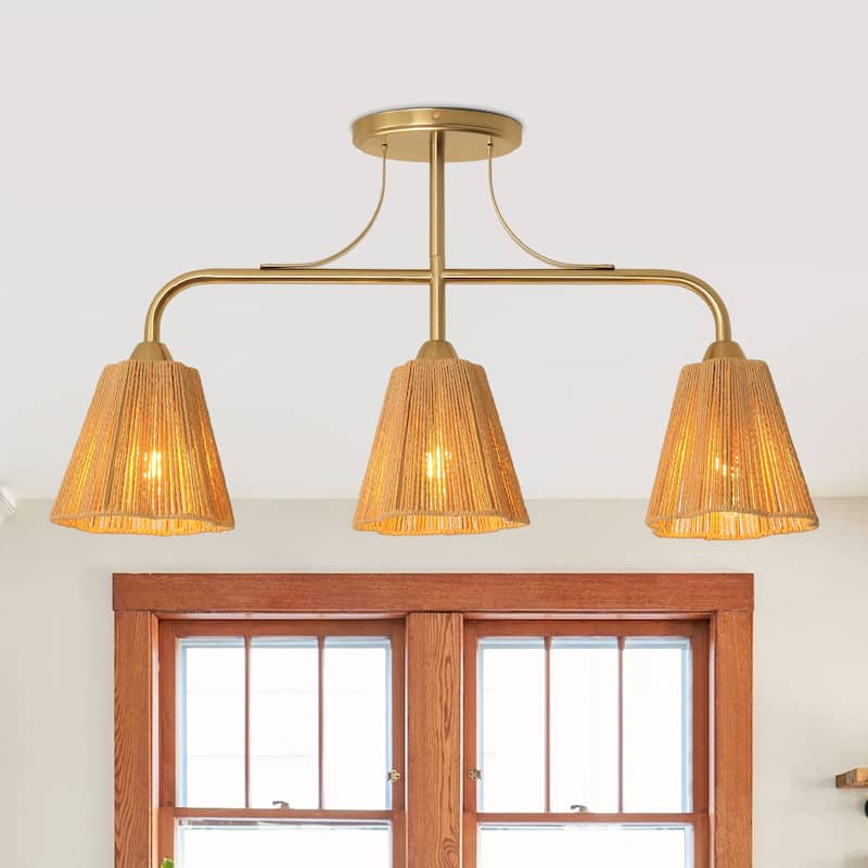 Farmhouse Brown Paper Rope Shade 3-Light Gold Linear Chandelier Light