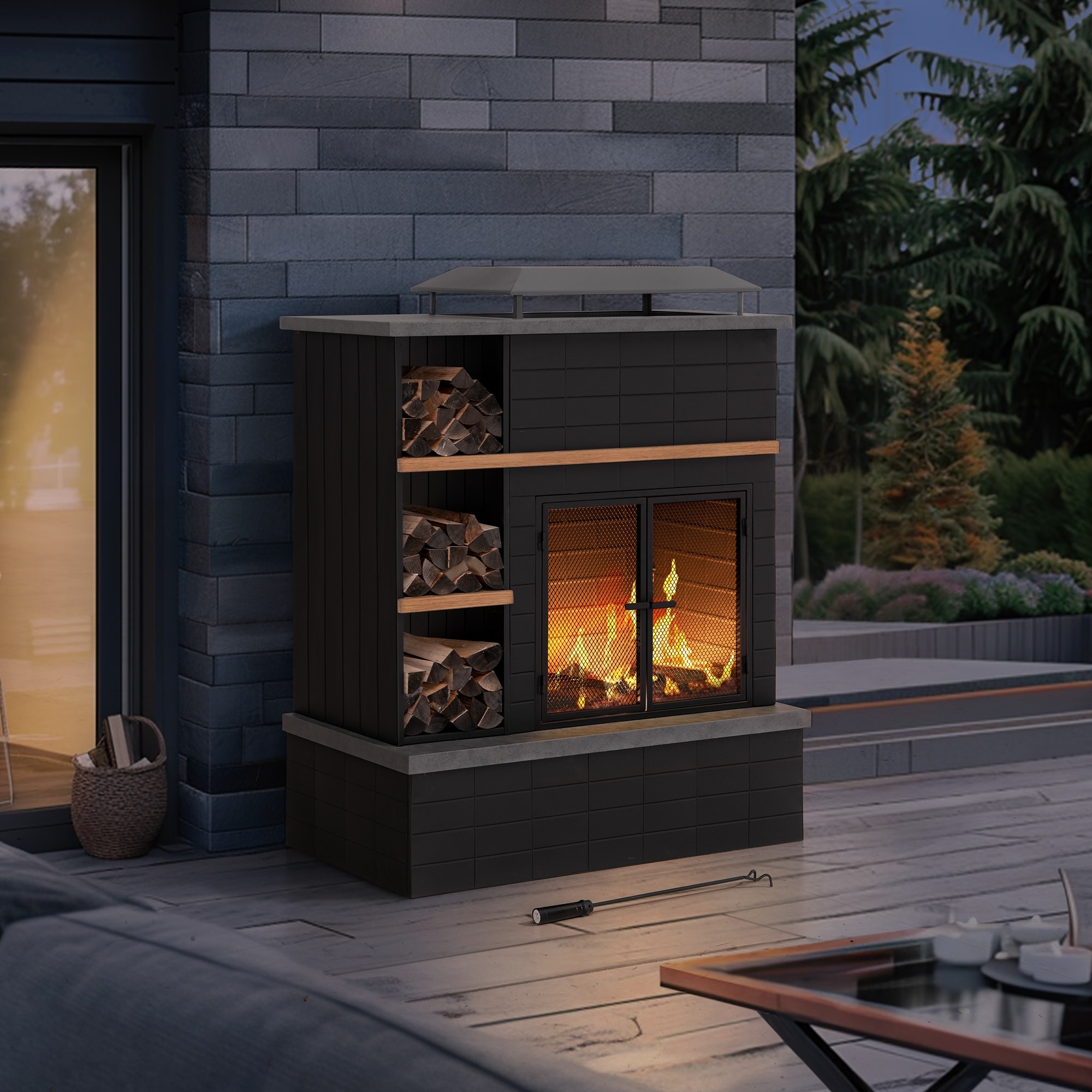Outdoor Fireplace Wood Burning with Chimney Matte Black Outdoor