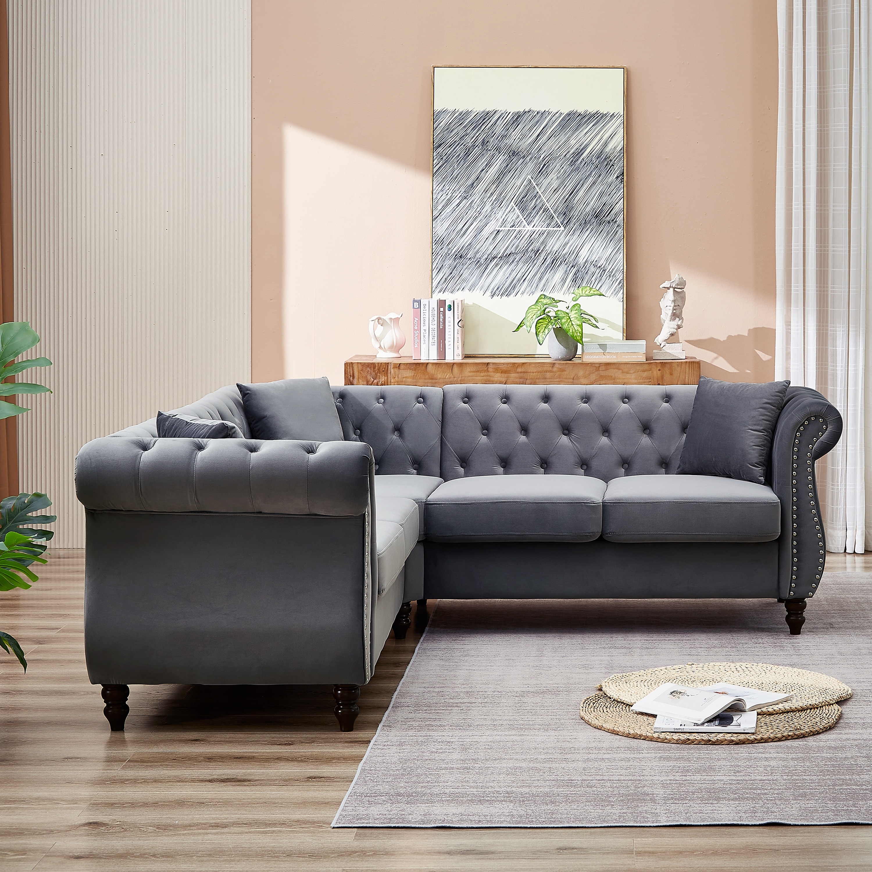 Living Room Sectional Sofa Sets Gray L-Shaped Corner Sofa 5-Seater