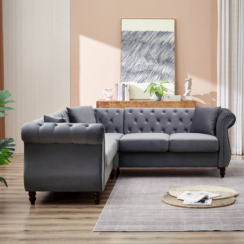 Modern Corner Velvet Sofa with Streamline Design, Durable 3-Seater Couch for Living Room