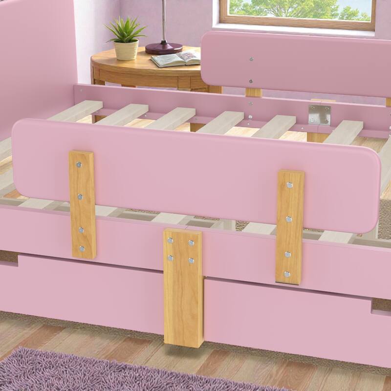 Twin/Full Wood Platform Bed with Storage Drawers, Guardrail, Shelf & Hooks, Solid Wood Frame, No Box Spring Needed