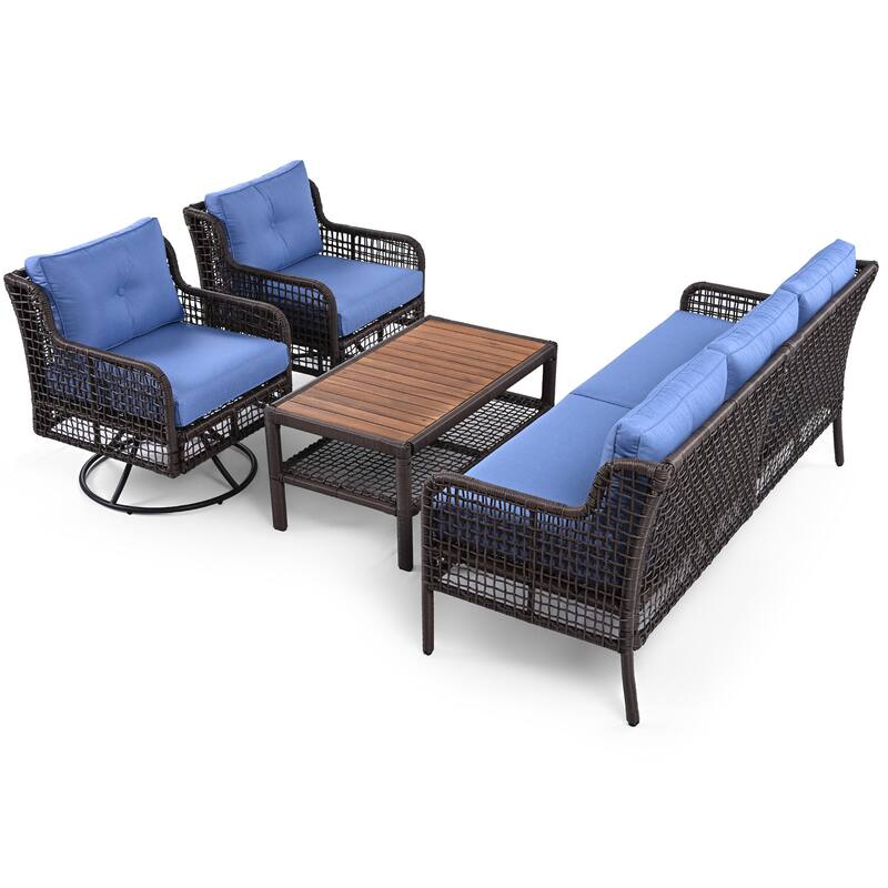 4-Piece Rattan Sectional Conversation Set with 360° Swivel Chairs, 3-Seat Sofa & Wood-Top Coffee Table