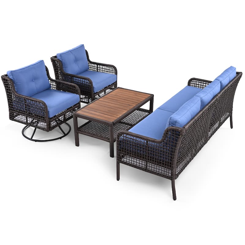 4-Pieces Outdoor Rattan Conversation Sofa Set with Swivel Chairs and Coffee Table