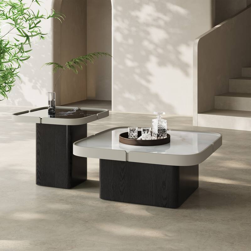 32.28+21.65" Modern Coffee Table Set of 2,Faux Marble Table top, Black solid wood legs - Marble/Wood