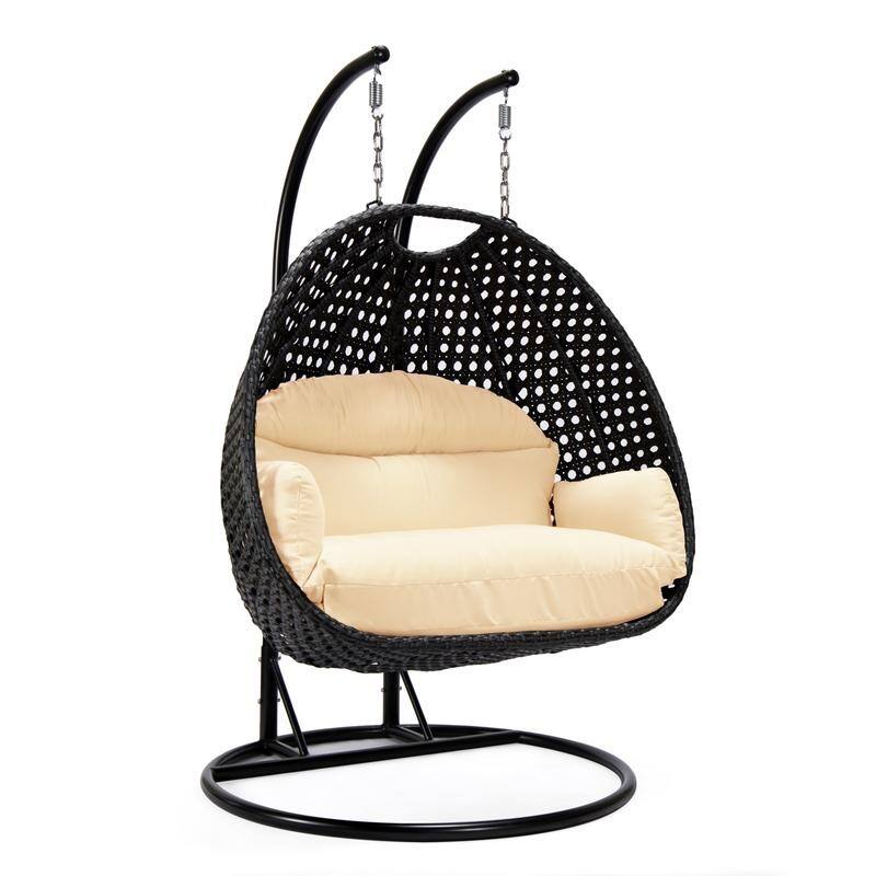 Double Egg Chair - Charcoal Wicker Swing with Breathable Cushions - 2-Person Outdoor Hammock with Rust-Resistant Iron Frame - Cream