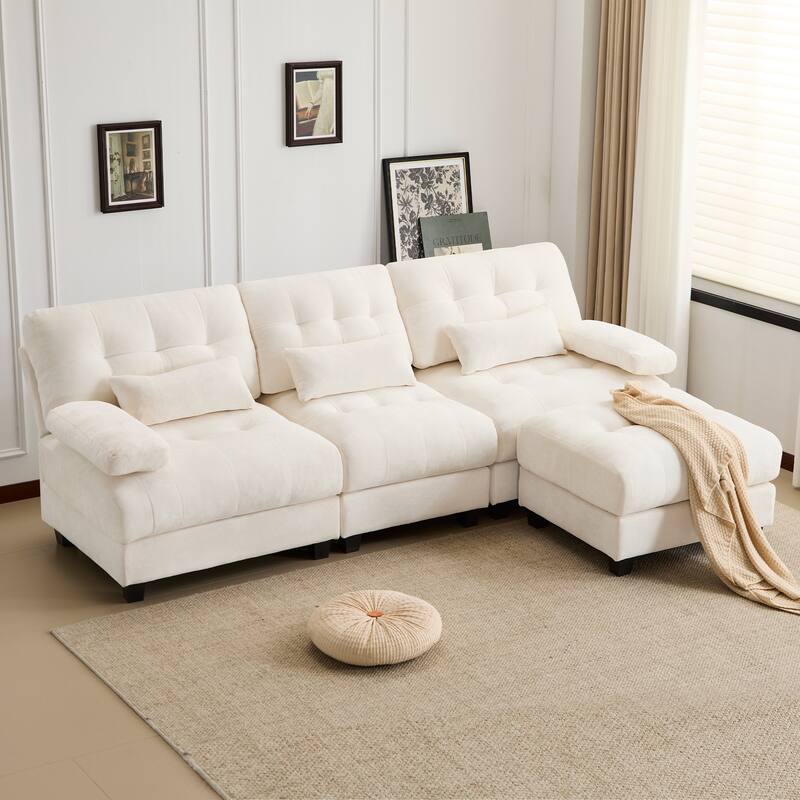 GDFStudio - 4-Piece Adjustable Backrest 93" Chenille Sofa with Ottoman and 3 Throw Pillows