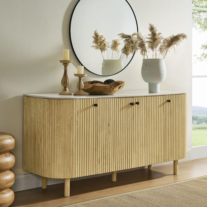 Caldera 60" Curved Solid Wood and Marble Sideboard Storage Cabinet - Natural