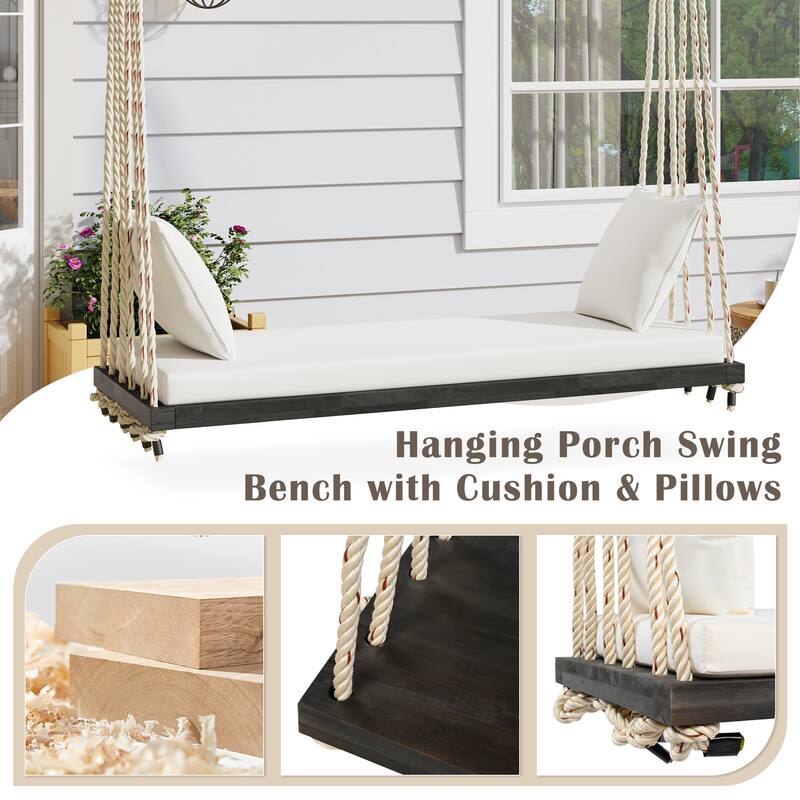 Acacia Wood Swing Chair, Hanging Porch Bench with Cushion & Pillows, 400lb Capacity & 10.8ft Ropes